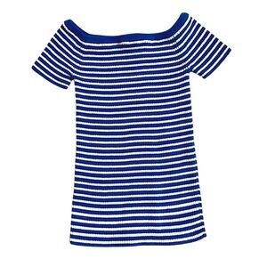 Madewell Striped Off the Shoulder Short Sleeved Ribbed Top, Blue White, Size XXS